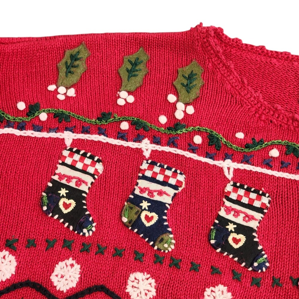 Vtg Tiara International 90s Christmas Cardigan Large Red Stocking Tree Button Up - Picture 3 of 13